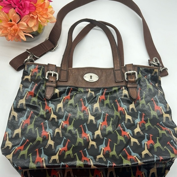 Fossil Key-Per Giraffe Theme Large Tote Bag Plastic Coated Vintage MCB6215E - Picture 1 of 13